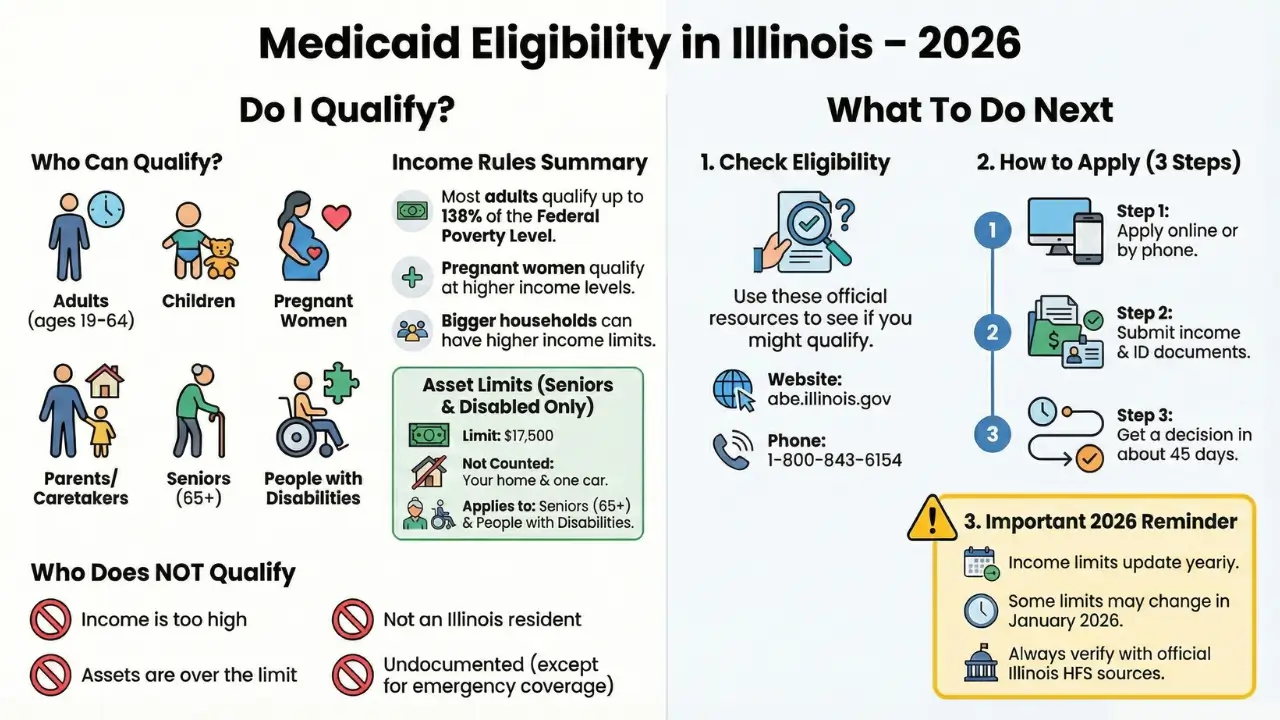 Infographic showing Medicaid eligibility in Illinois for 2026, including income limits, qualifying groups, asset rules, and how to apply.