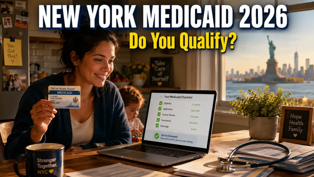 New York Medicaid eligibility 2026-2027 income limits guide showing a mother reviewing her qualification status at home