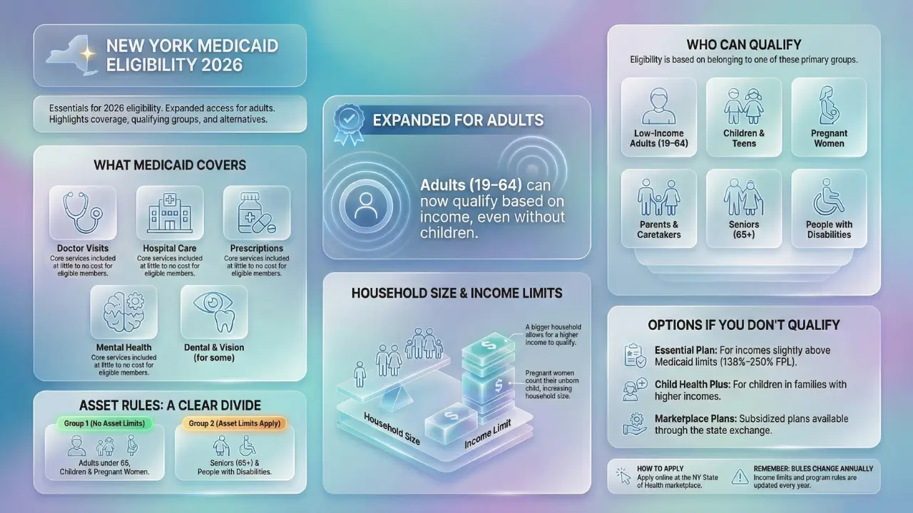 New York Medicaid eligibility infographic for 2026 showing income limits, household size rules, Medicaid expansion, asset limits, and who qualifies