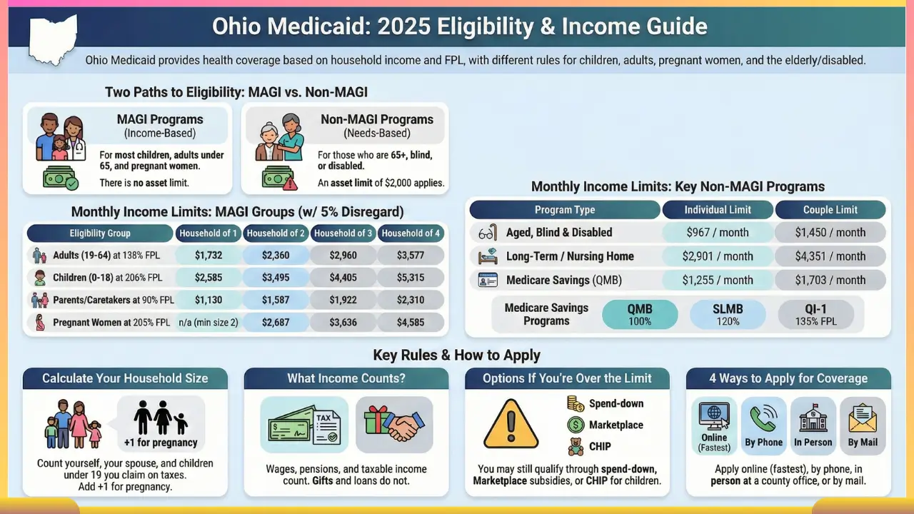 Vertical infographic showing Ohio Medicaid eligibility types, income limit charts for 2025, MAGI vs non-MAGI rules, and application steps.