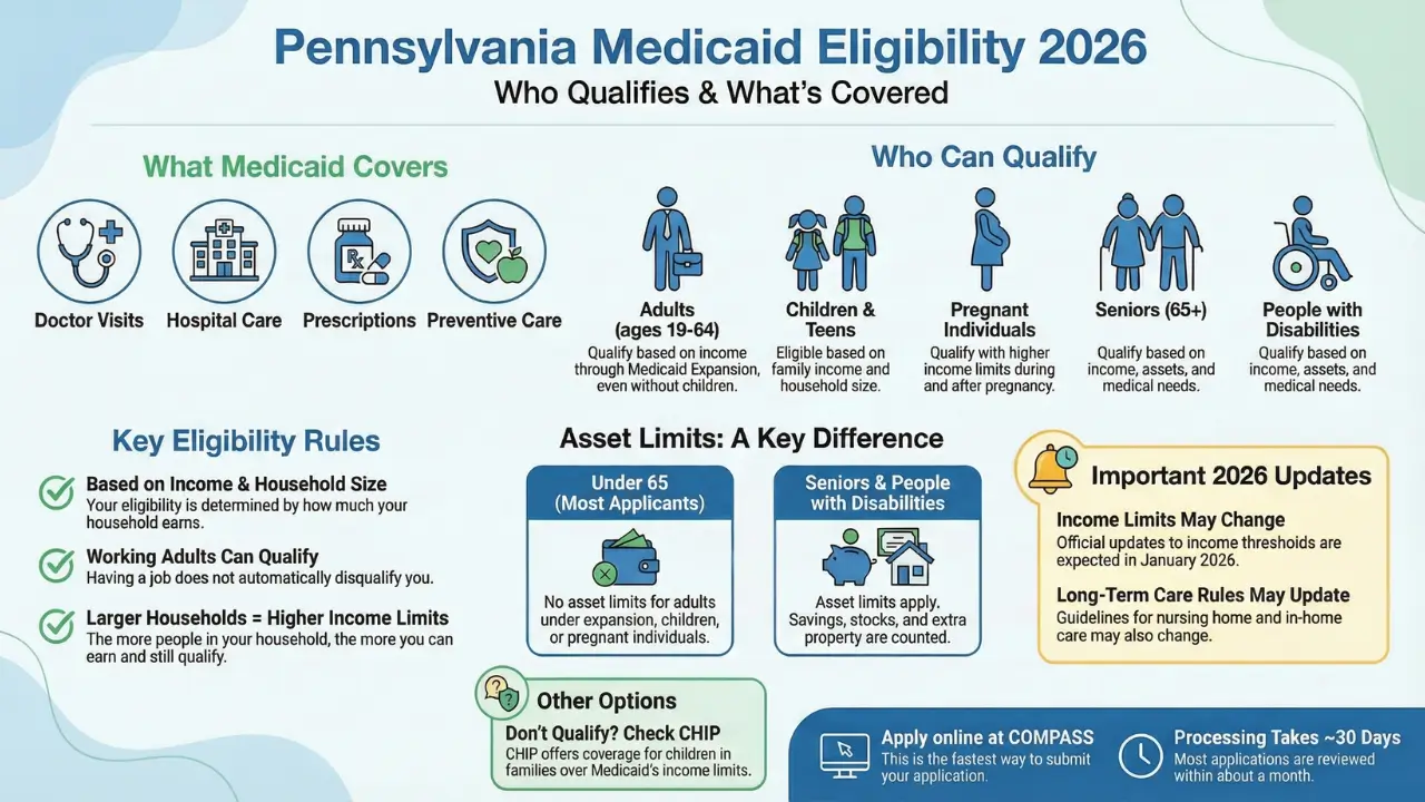 Pennsylvania Medicaid eligibility infographic for 2026 showing who qualifies, what services are covered, income and household size rules, asset limits, and application tips.
