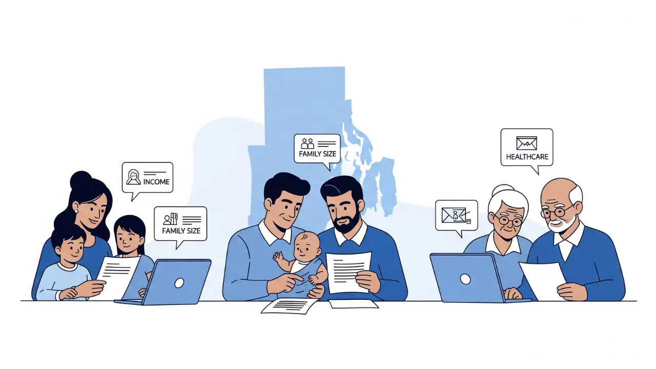 Illustration of Rhode Island families reviewing Medicaid income requirements for 2025 with a clean modern healthcare design.