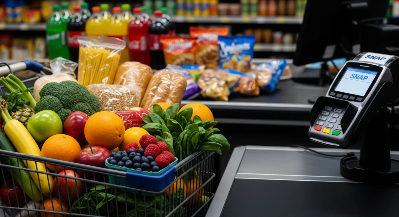 SNAP EBT card checkout with healthy foods as states move to block junk food purchases