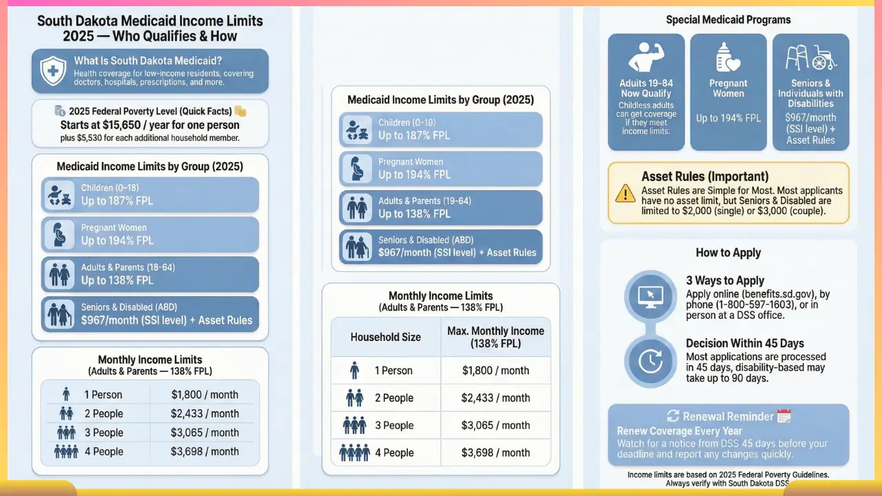 South Dakota Medicaid income limits 2025 infographic showing eligibility rules, income charts by household size, special programs, and how to apply