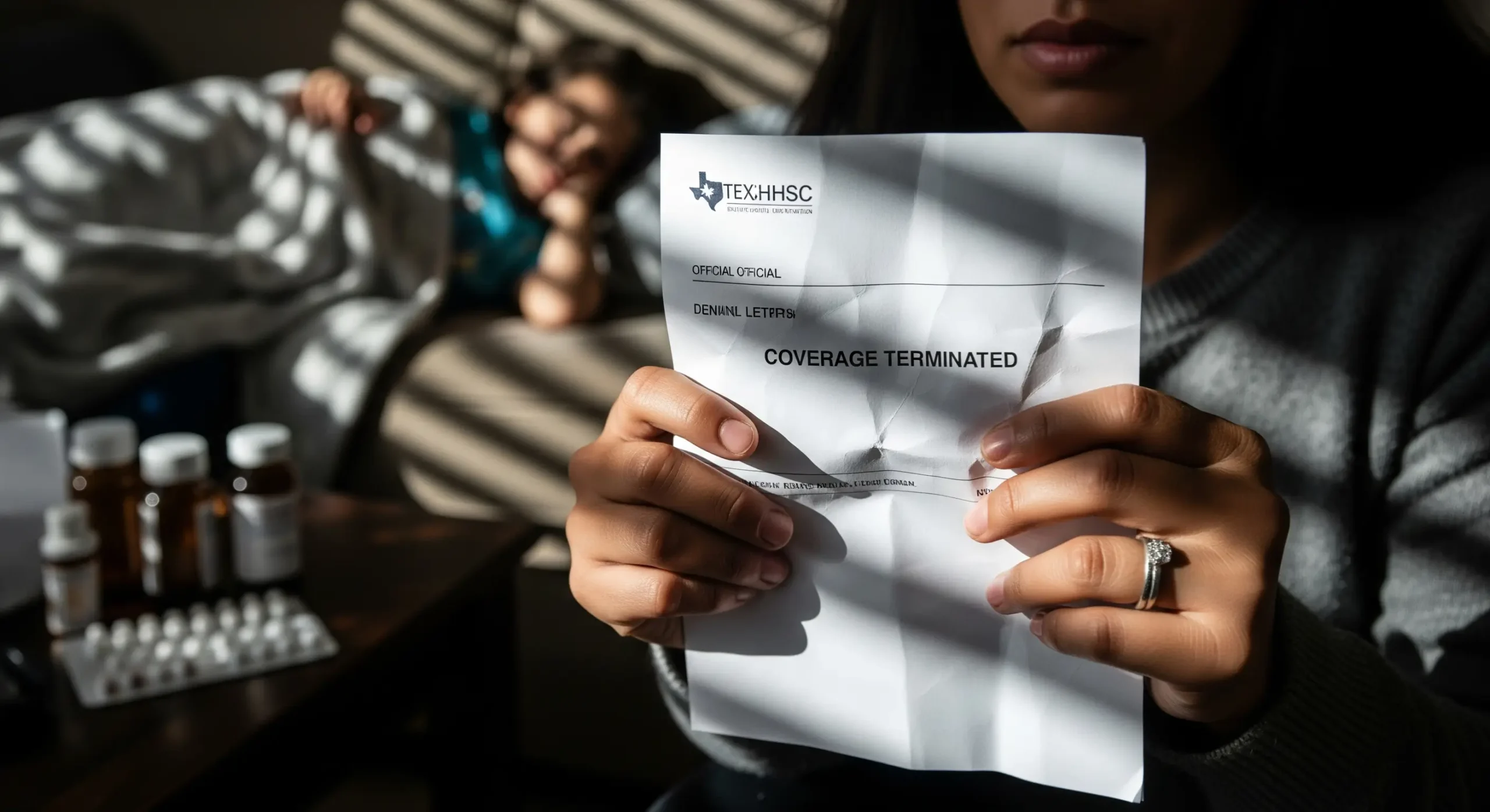 Mother's hands holding crumpled Texas Medicaid denial letter marked coverage terminated, with sick child resting on couch in background and medicine bottles visible