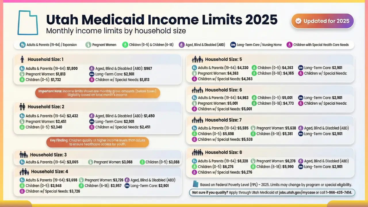Utah Medicaid income limits 2025 infographic showing monthly eligibility amounts by household size for adults, children, pregnant women, seniors, and long-term care.
