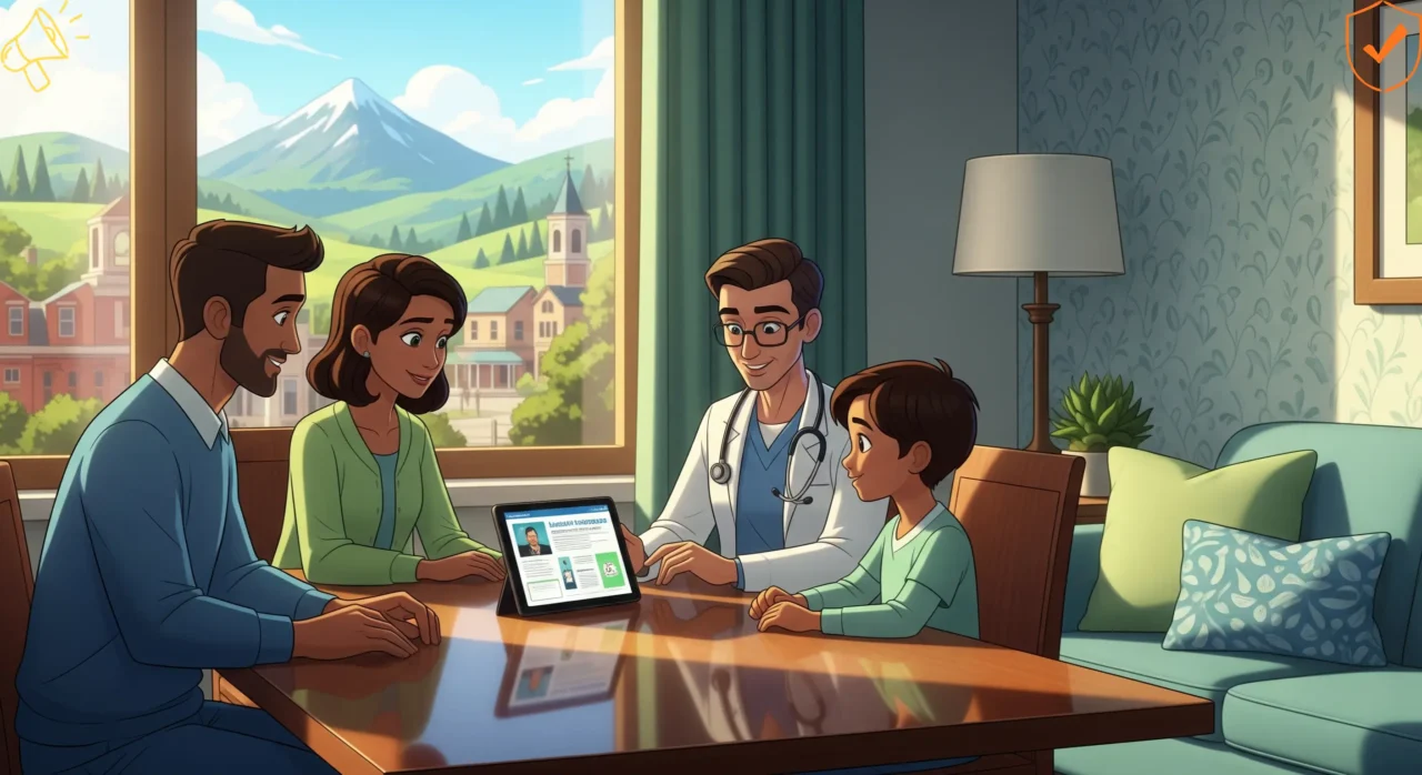 Vermont family meeting with a healthcare professional to review 2025 Medicaid income eligibility information in a warm clinic setting.