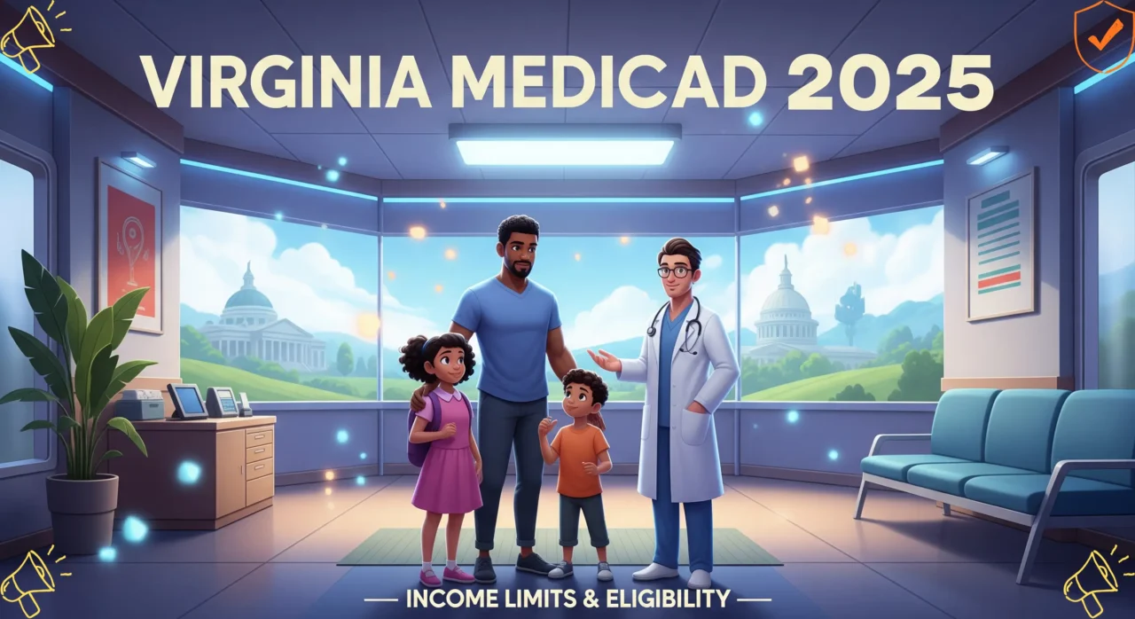 Animated cinematic-style illustration of a Virginia family with a healthcare provider reviewing 2025 Medicaid income limits and eligibility information.