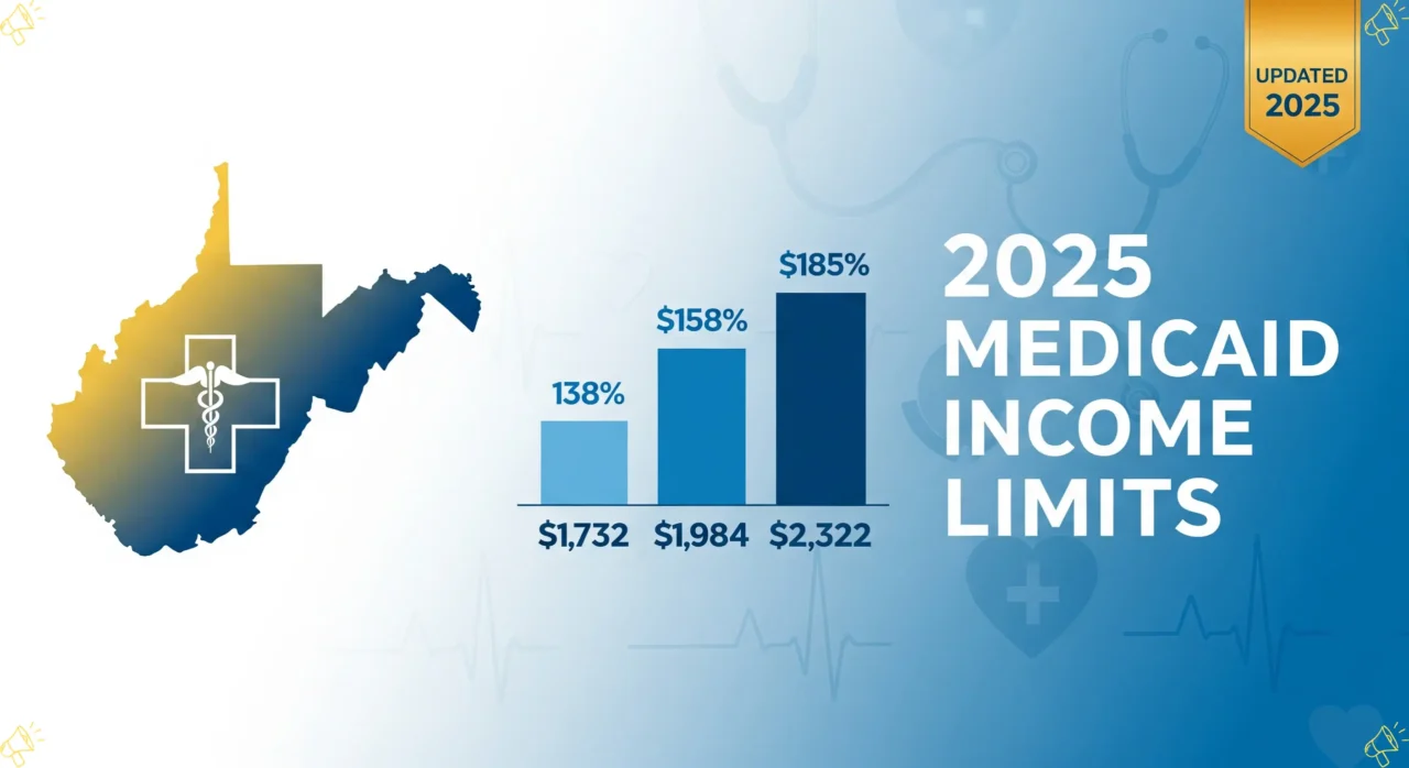 West Virginia Medicaid income limits 2025 chart showing eligibility thresholds for adults at 138% FPL ($1,732 monthly), children at 158% FPL ($1,984 monthly), and pregnant women at 185% FPL ($2,322 monthly) with state map