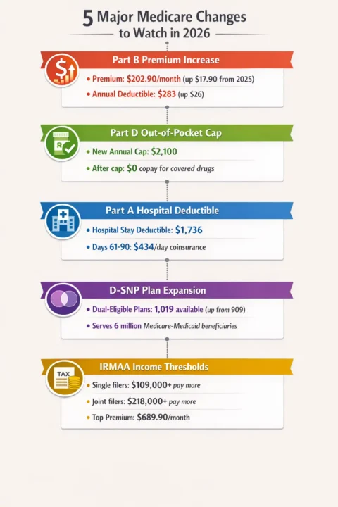 Medicare 2026 changes infographic showing Part B premium increase to $202.90, Part D $2,100 cap, and IRMAA income thresholds