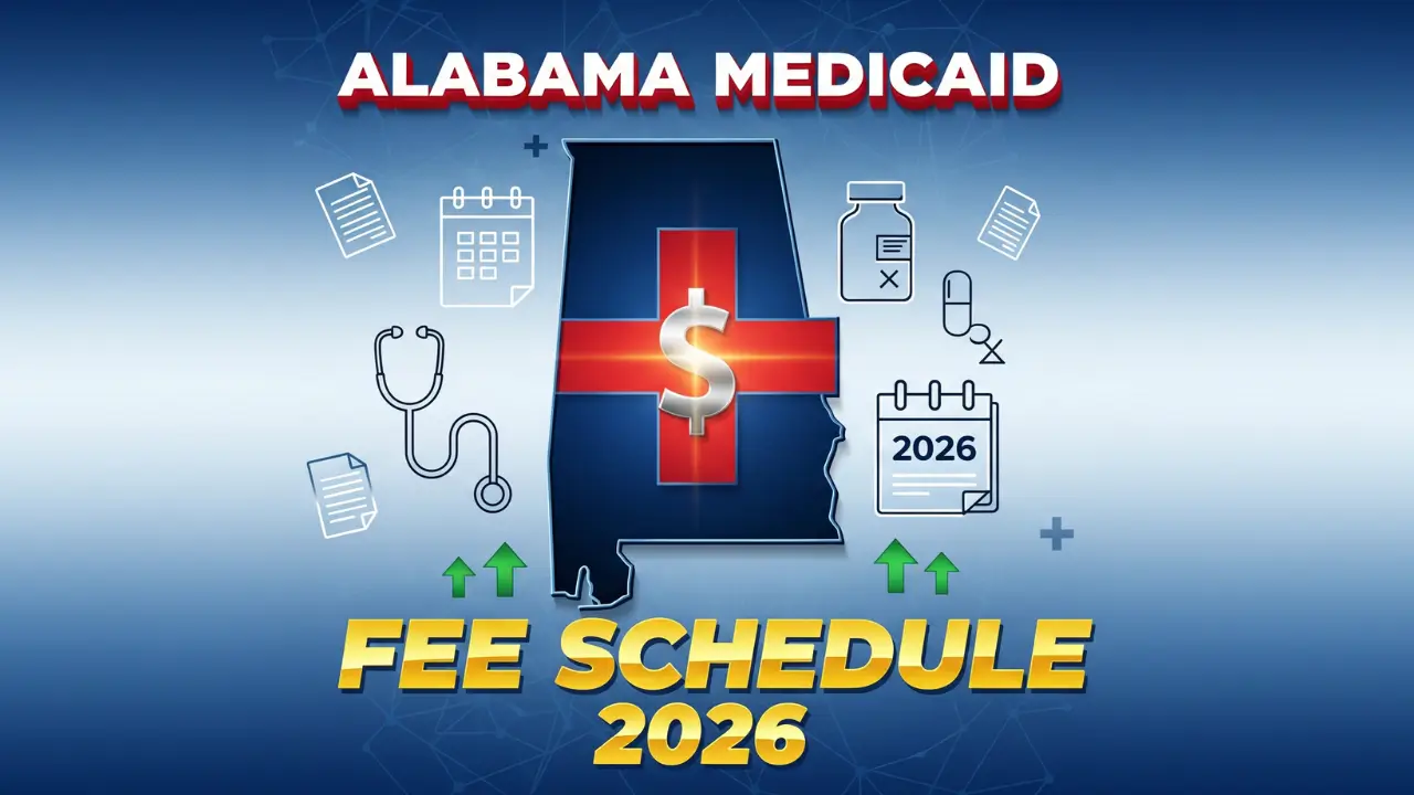 Alabama Medicaid fee schedule 2026 with state outline, medical symbols, and provider reimbursement rates information