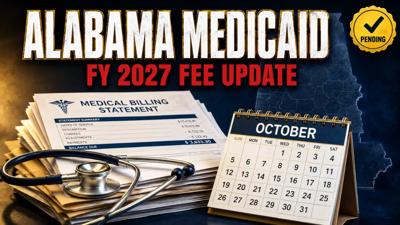 Alabama Medicaid fee schedule FY 2027 provider rate update illustration with medical documents and calendar