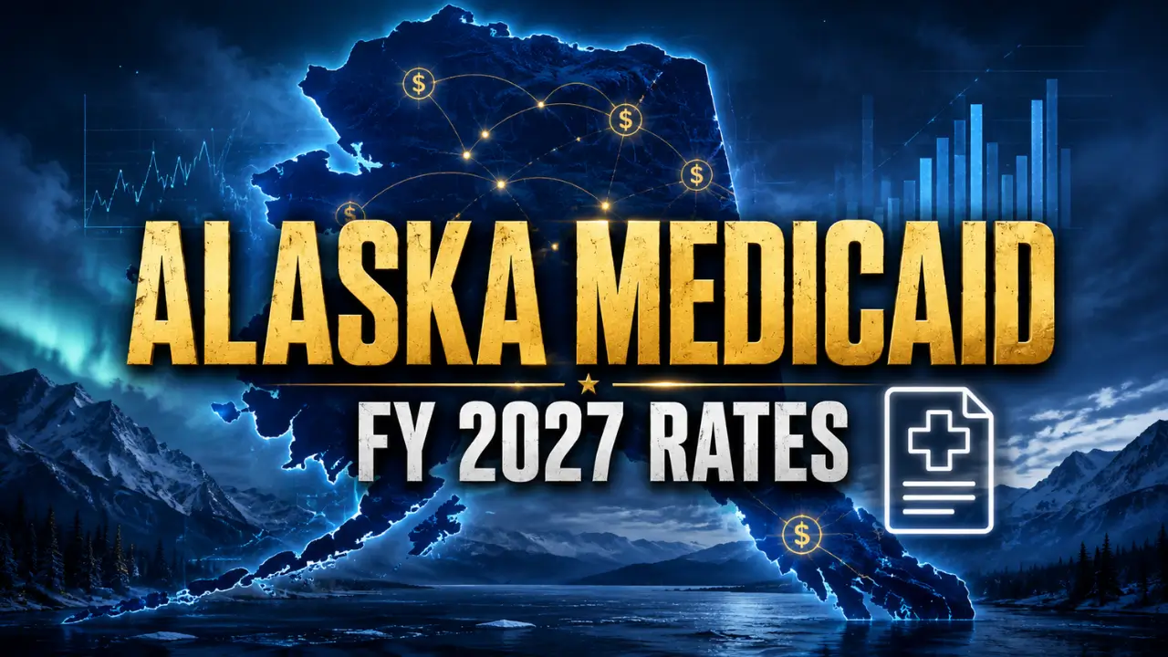 Alaska Medicaid fee schedule FY 2027 rates map graphic with gold text
