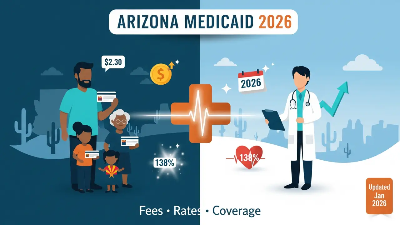 Arizona Medicaid 2026 fee schedule showing member costs and provider payment rates with family and healthcare worker illustration
