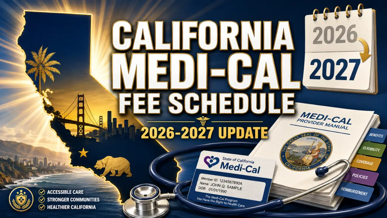 Illustration showing the California Medi-Cal fee schedule update for 2026 to 2027, featuring the state outline, a stethoscope, and healthcare documents symbolizing provider rate and eligibility changes.