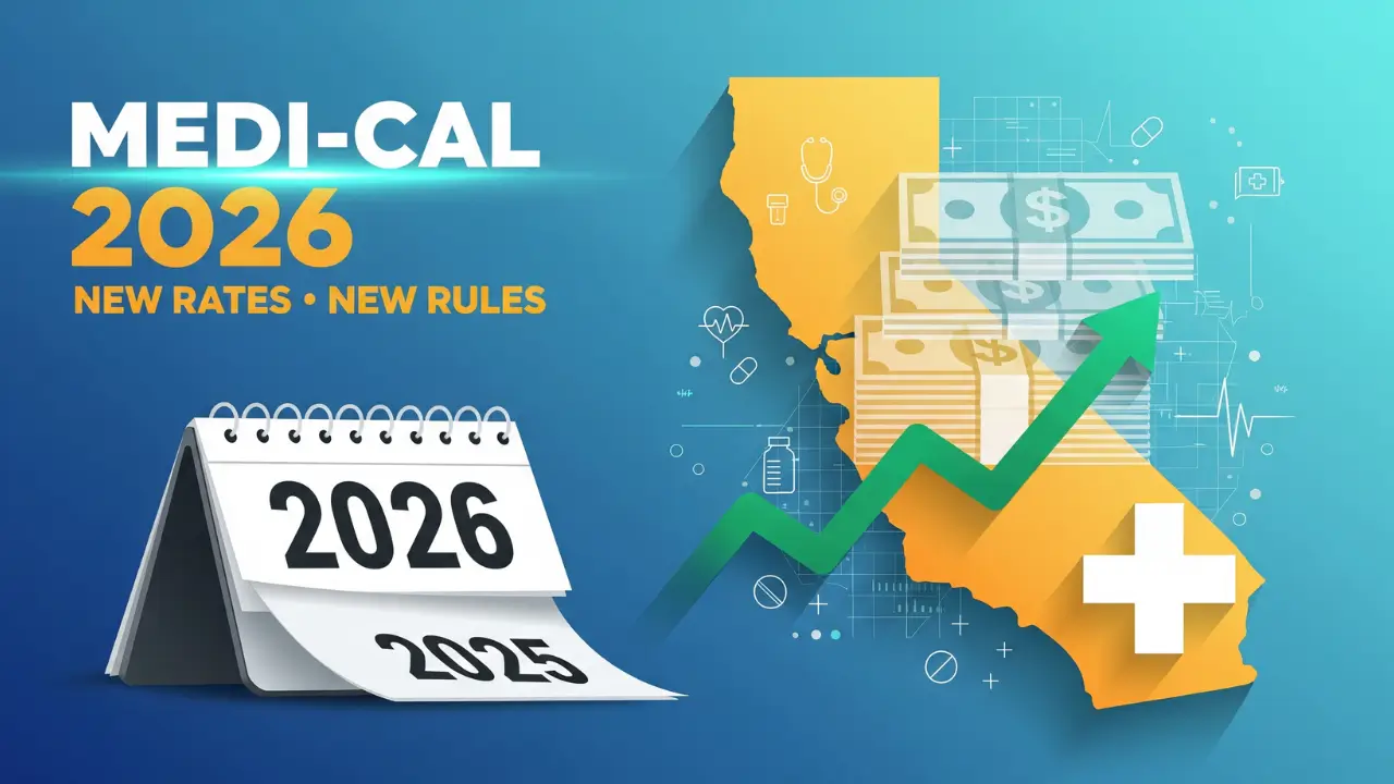 California Medi-Cal 2026 fee schedule with new provider rates and asset limits illustrated with state outline, medical symbols, and upward trending financial arrow