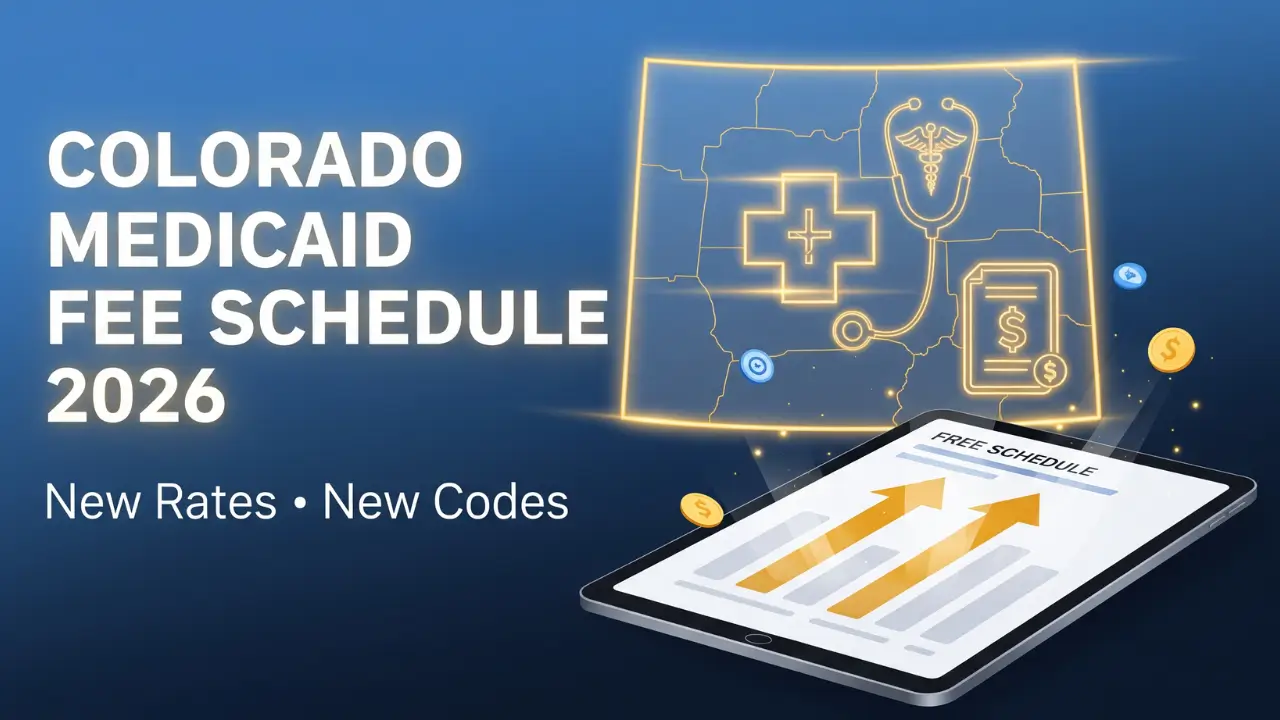 Vector graphic showing Colorado map and healthcare icons highlighting Colorado Medicaid Fee Schedule 2026 rate and coding updates