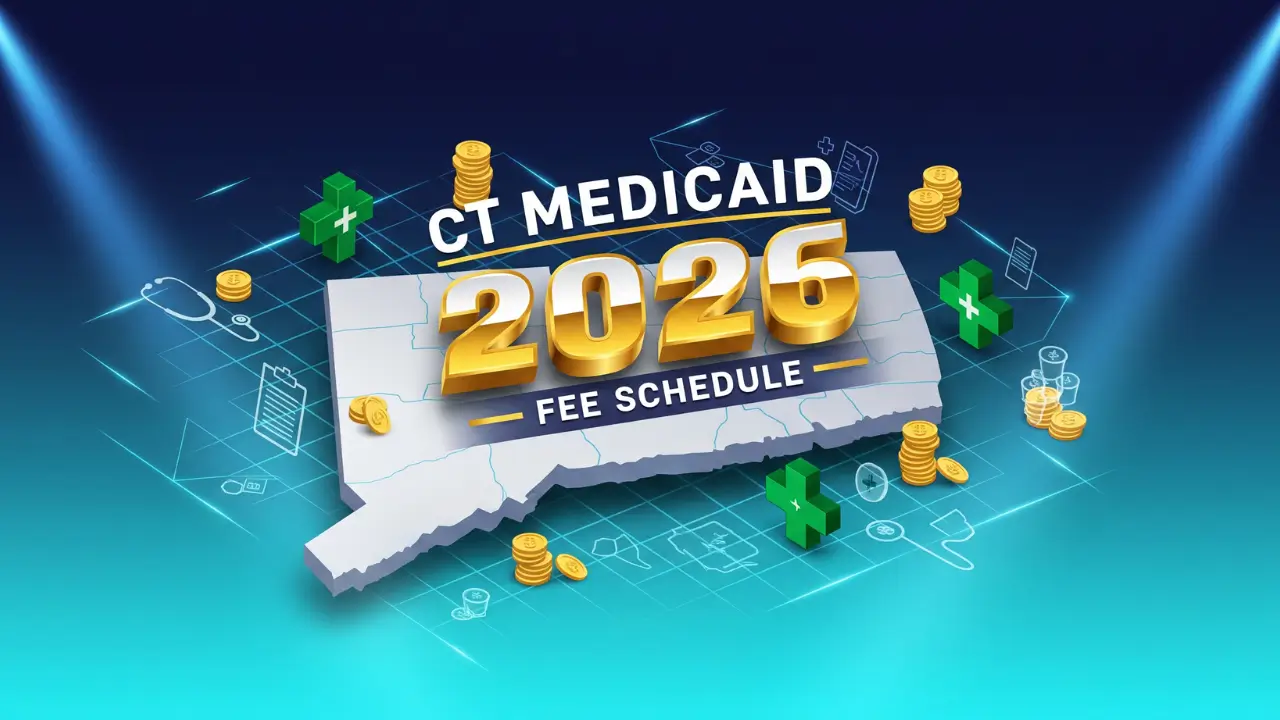 Connecticut Medicaid Fee Schedule 2026 vector graphic showing deep navy blue and gold isometric design with HUSKY Health payment rates and 2026 updates for doctors and hospitals