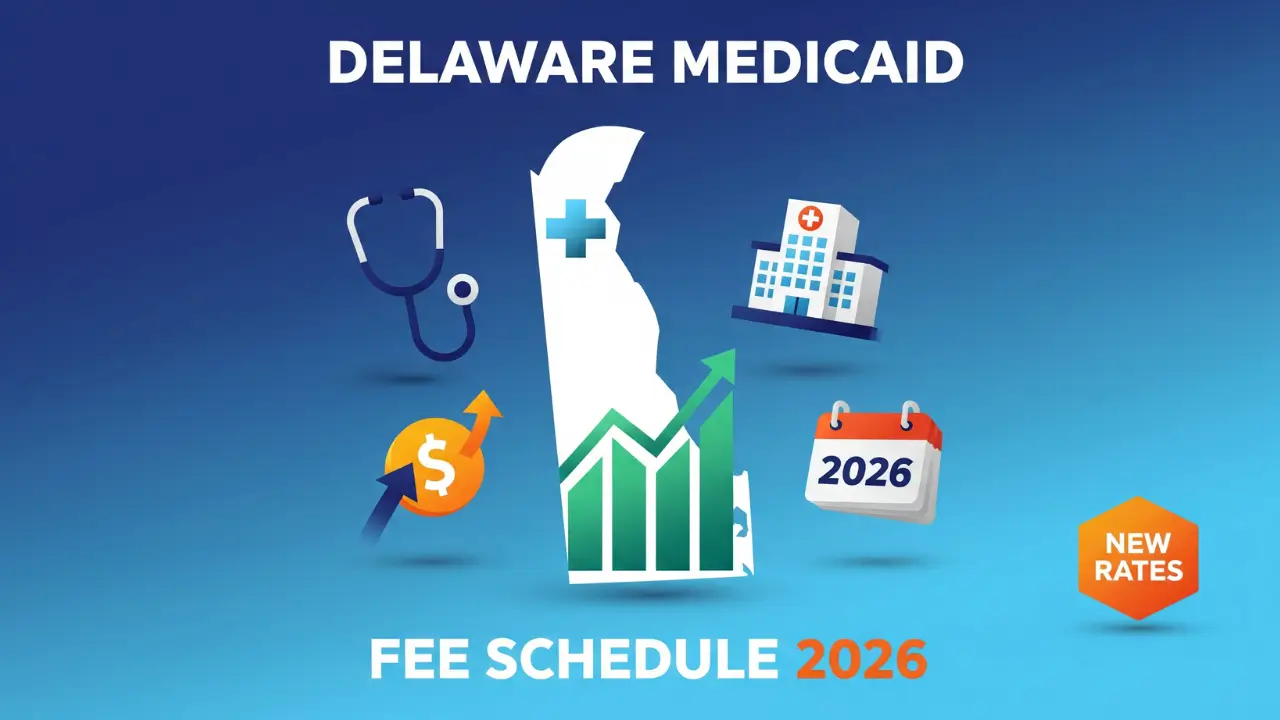 Delaware Medicaid fee schedule 2026 rates and reimbursement updates with HCBS increases and hospital caps illustrated in vector graphic