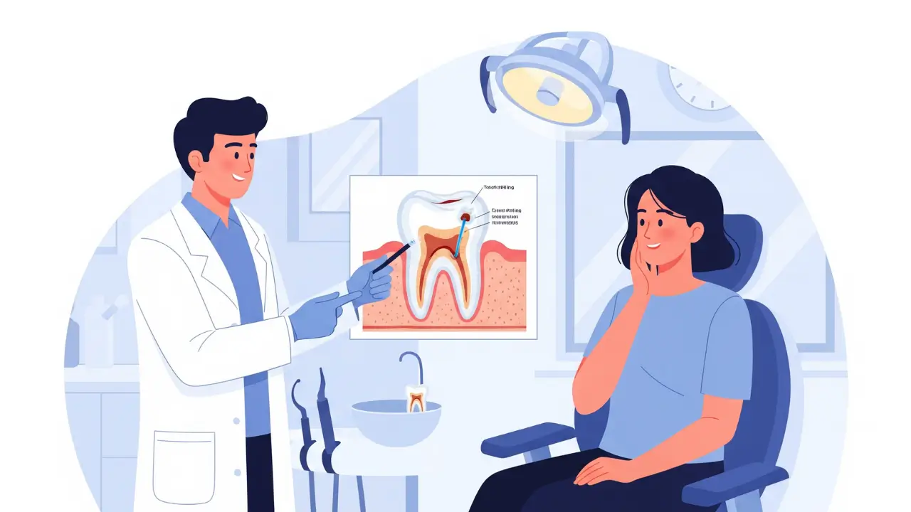 Dentist explaining dental filling treatment and Medicaid coverage to a patient in a dental clinic