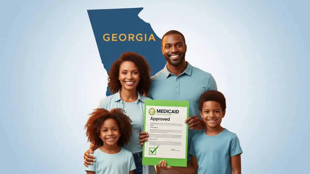 Georgia family holding Medicaid approval letter in front of state map - 2026 application guide