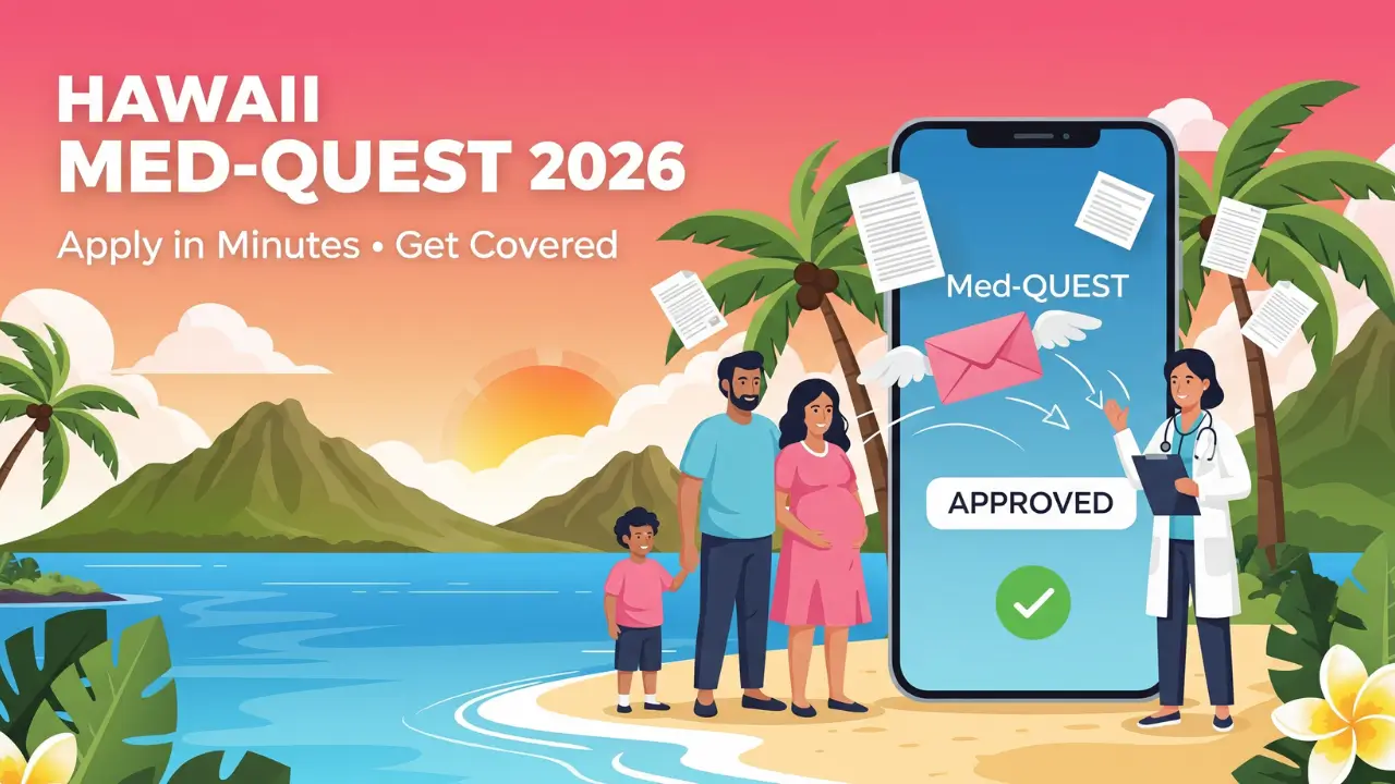 Hawaii Medicaid Med-QUEST 2026 application guide showing family applying online for health coverage with smartphone and approval notification