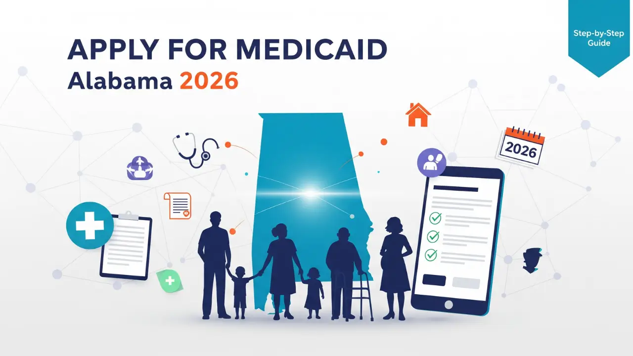 Alabama Medicaid application process 2026 - diverse families applying online with step-by-step guide illustration