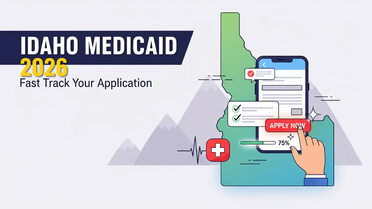 Idaho Medicaid 2026 application guide illustration showing digital application process with state map and apply now button