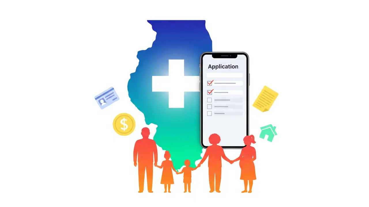 Illinois Medicaid 2026 application guide showing state map with medical cross, family silhouettes, and smartphone displaying online application form