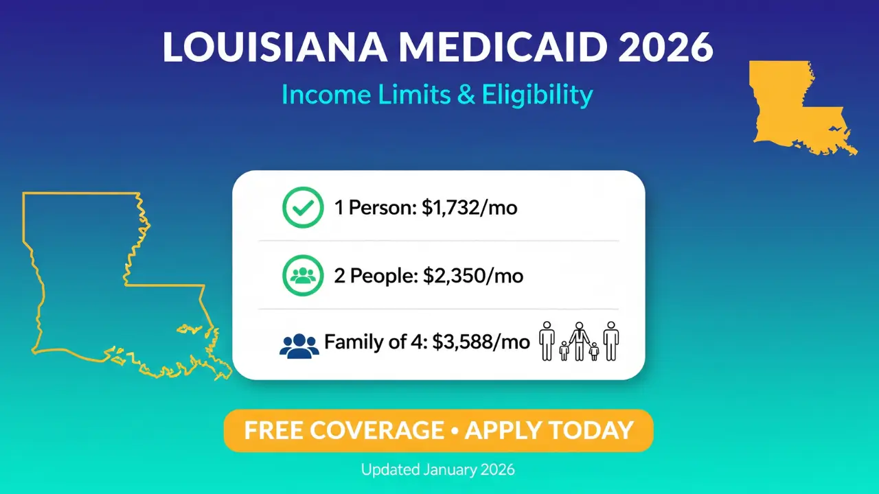 Louisiana Medicaid 2026 income limits chart showing $1,732 for singles, $2,350 for couples, and $3,588 for family of 4