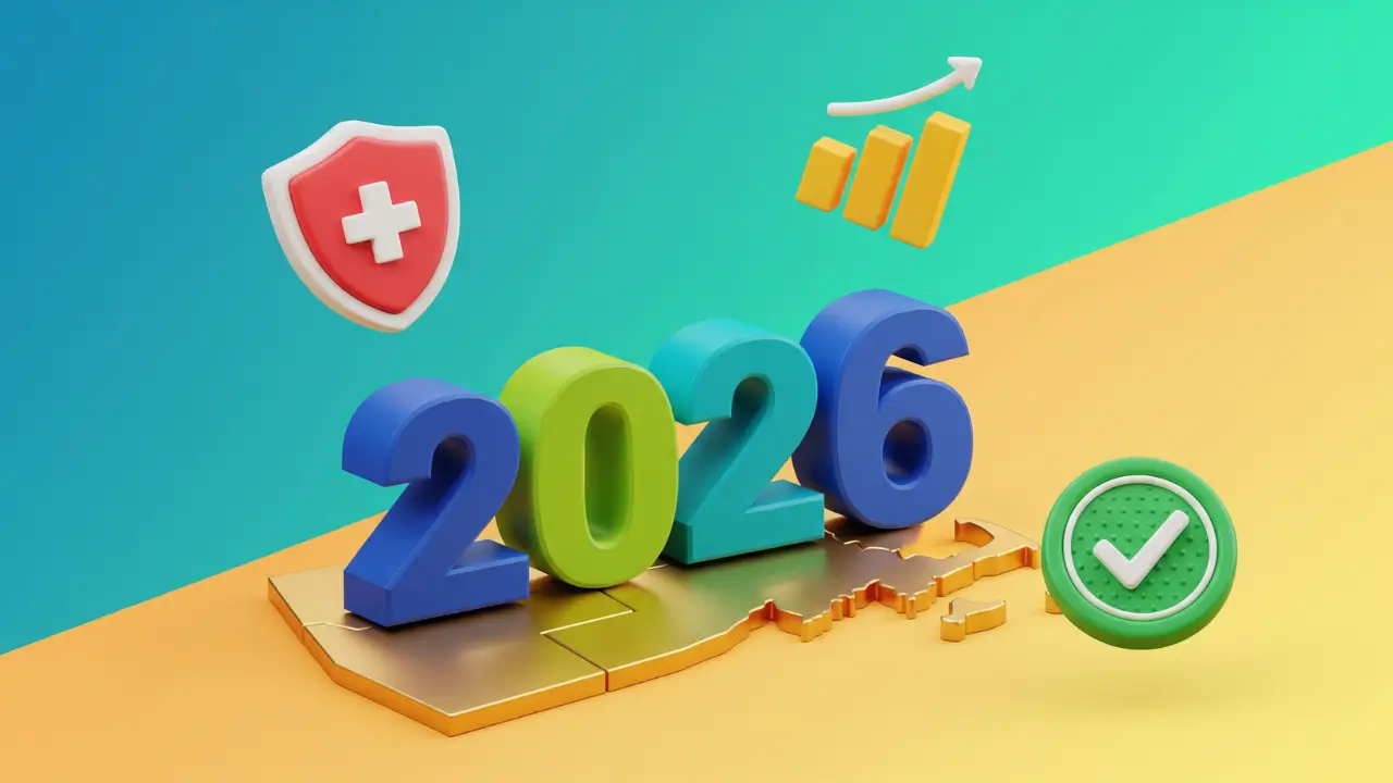 Illustration of Massachusetts state map with 2026 text and medical icons, representing new MassHealth income limits and eligibility updates.