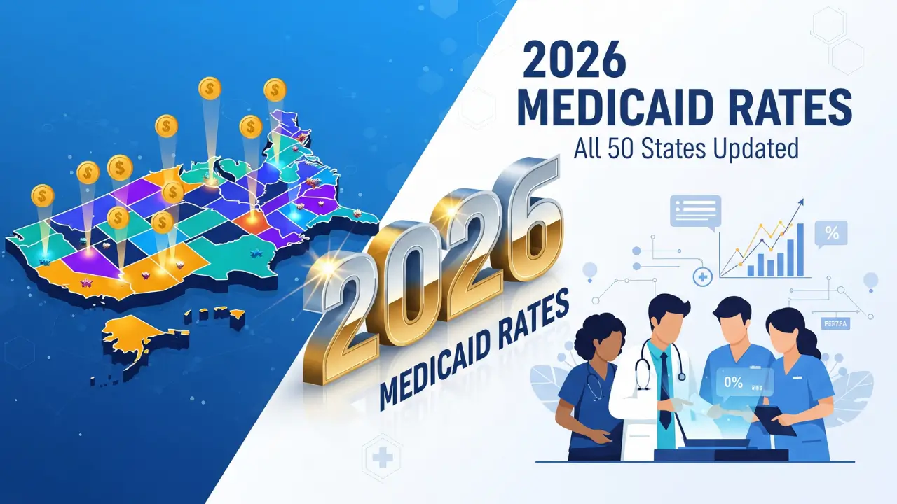 2026 Medicaid fee schedule rates map showing all 50 states with updated payment information and healthcare provider illustration