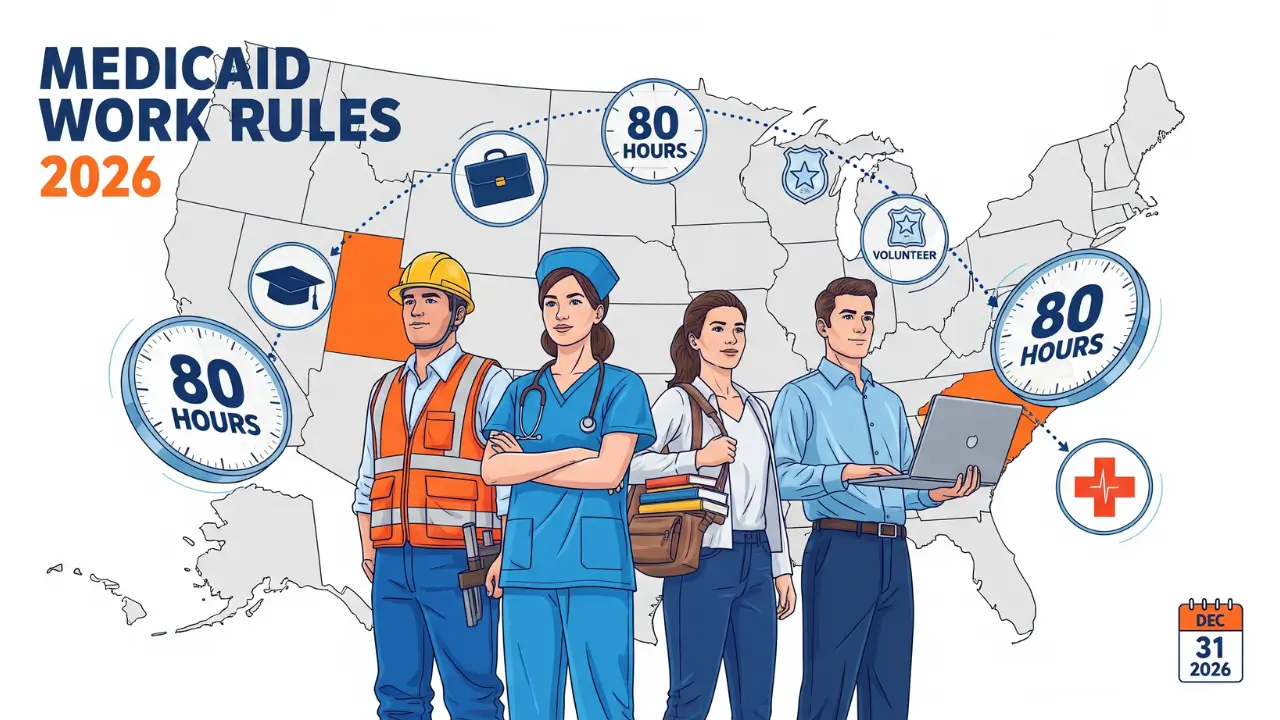 Medicaid work requirements 2026 showing diverse workers with 80 hours monthly rule and US state map highlighting Georgia and Nebraska implementation