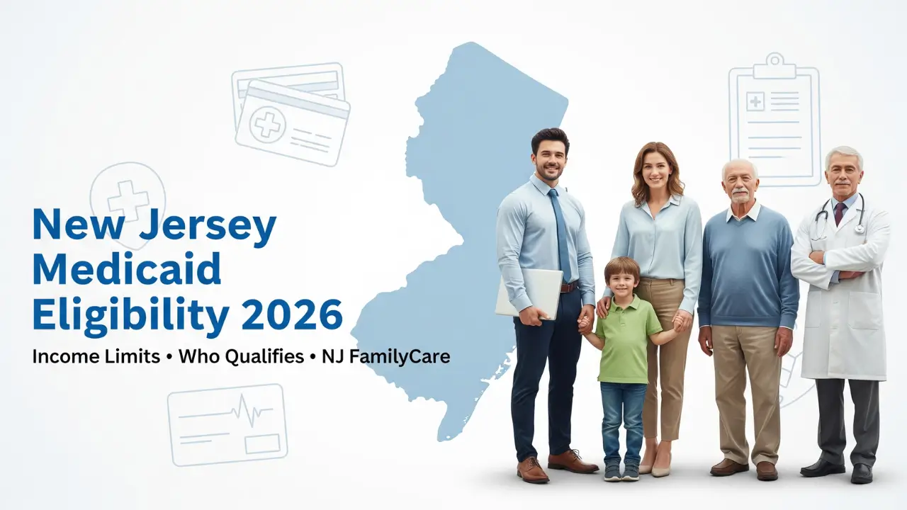 Featured image showing New Jersey residents and families with text reading New Jersey Medicaid Eligibility 2026 and NJ FamilyCare income limits