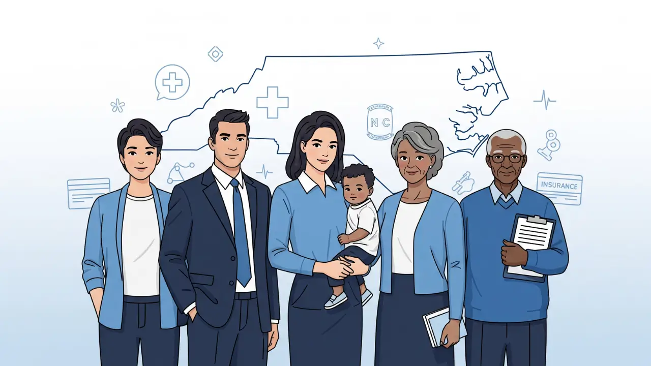 Illustration showing families and adults eligible for North Carolina Medicaid in 2026 with healthcare icons and the outline of North Carolina