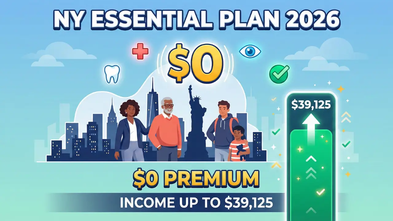 New York Essential Plan 2026 income eligibility showing $39,125 limit with $0 premium for families with dental and vision