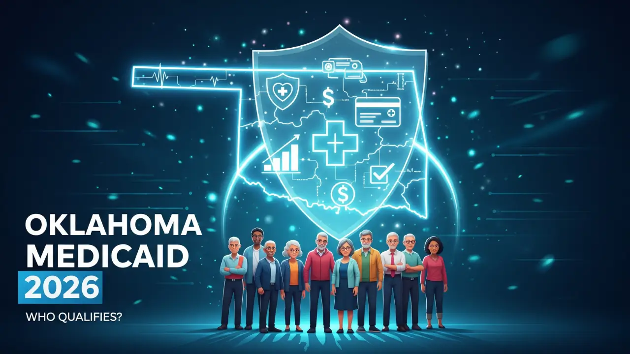 Oklahoma Medicaid eligibility 2026 vector illustration showing SoonerCare income limits and healthcare coverage