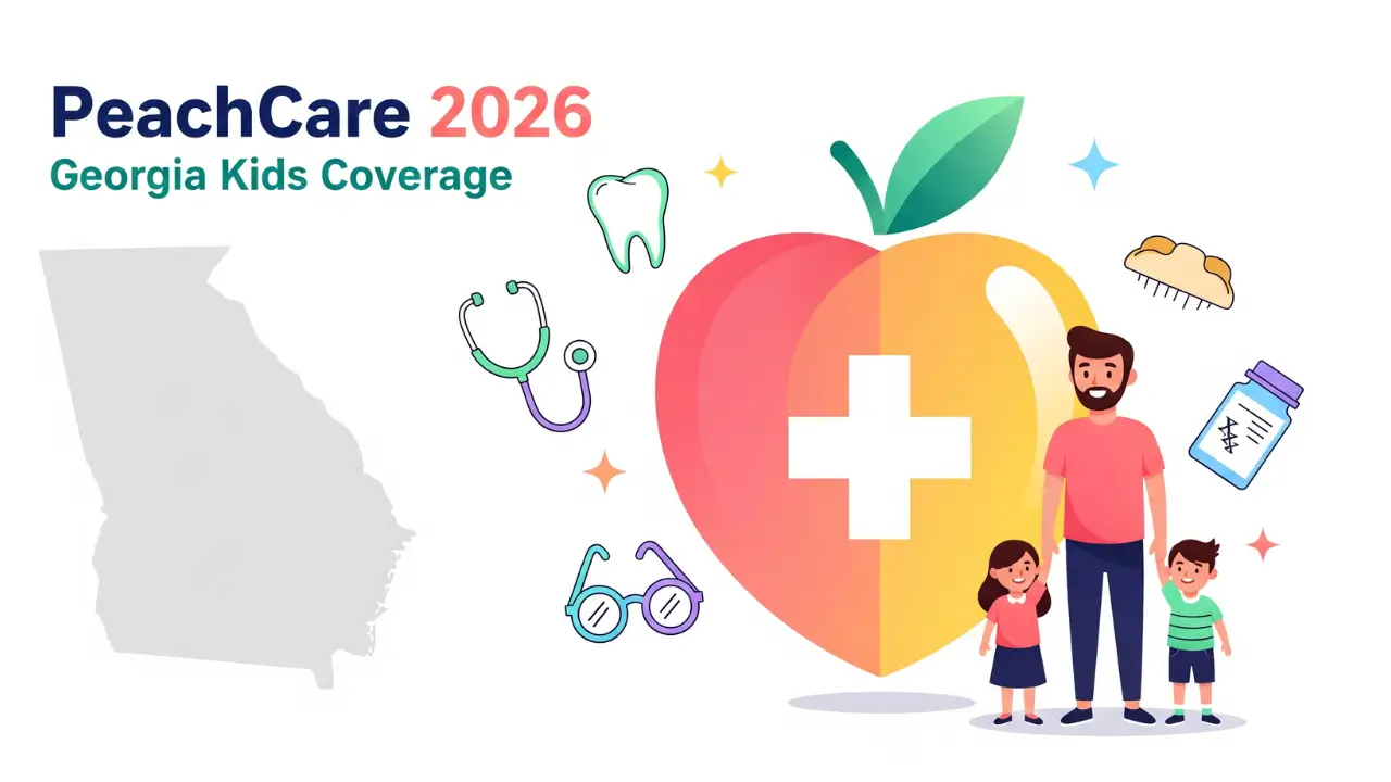 PeachCare for Kids Georgia 2026 program illustration showing family with peach shield, medical icons, and coverage information for children's health insurance