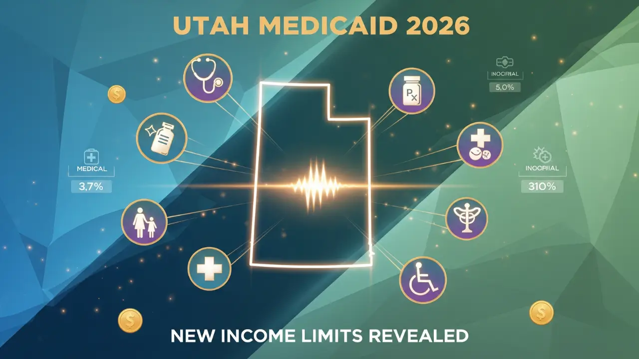 Utah Medicaid 2026 eligibility income limits infographic showing healthcare coverage qualification requirements and expansion benefits for adults, children, seniors and disabled residents