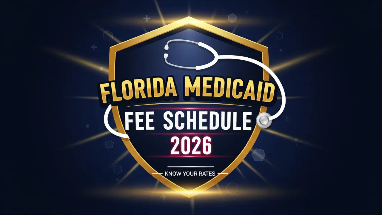 Florida Medicaid fee schedule 2026 shield graphic showing provider reimbursement rates and MPIP pediatric incentive program details.