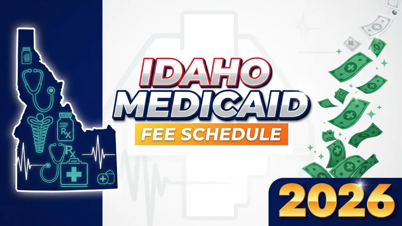 Idaho Medicaid Fee Schedule 2026 vector graphic showing state map, medical symbols, and provider payment rates with animated dollar bills