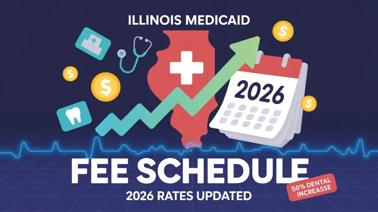 Illinois Medicaid Fee Schedule 2026 updated rates graphic showing state outline with medical symbols, rising payment trends, and 50% dental increase for providers