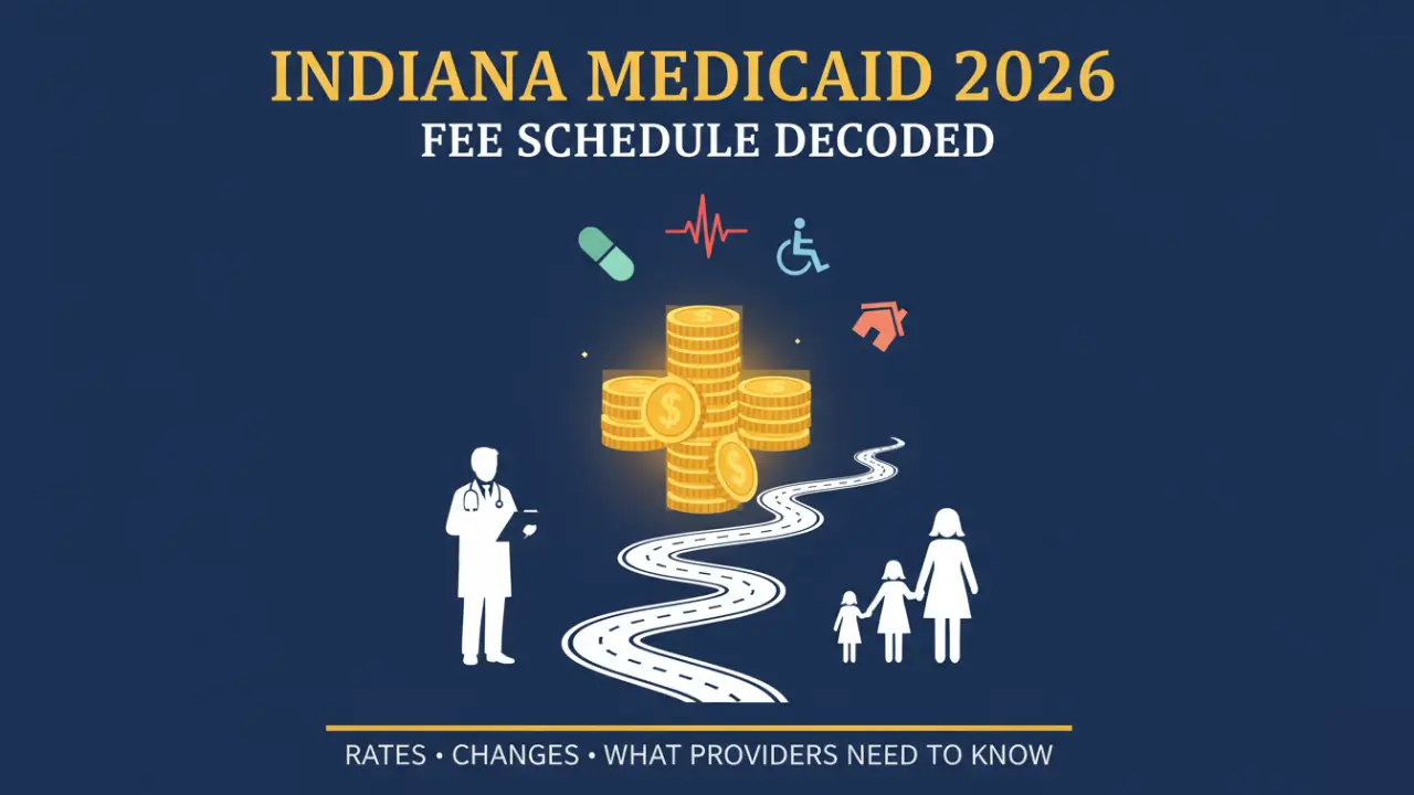 Vector graphic illustration showing Indiana Medicaid 2026 fee schedule updates with medical cross made of golden coins, Indiana state outline, healthcare icons, and cinematic movie style typography on deep navy blue background