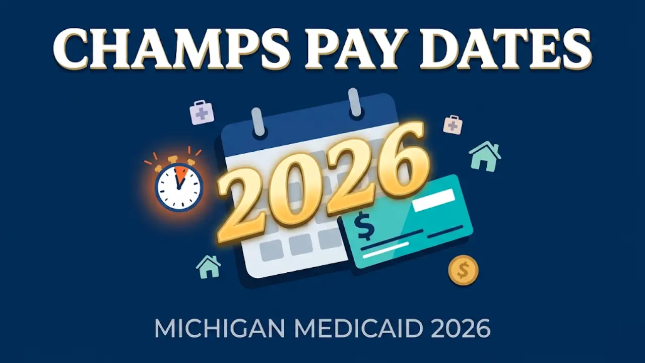 CHAMPS payment schedule 2026 featured image showing Michigan Medicaid pay dates calendar with payment icons in vector movie poster style