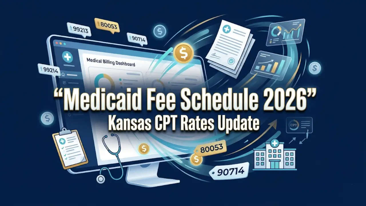 Vector graphic showing Kansas Medicaid Fee Schedule 2026 update with CPT codes, medical billing dashboard, and reimbursement charts
