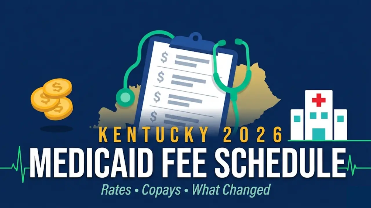 Kentucky Medicaid fee schedule 2026 vector illustration showing medical billing clipboard with stethoscope, gold coins, hospital icon, and heartbeat line on deep navy background with bold text reading Kentucky 2026 Medicaid Fee Schedule