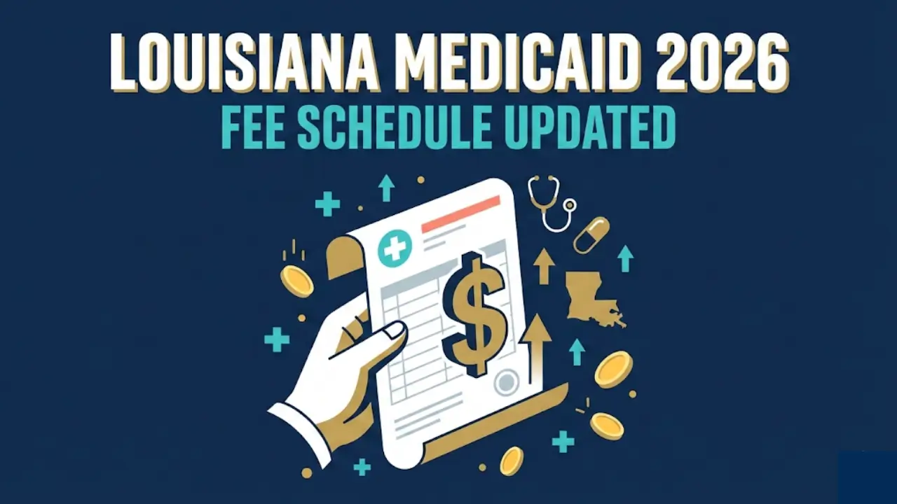 Louisiana Medicaid fee schedule 2026 vector illustration showing updated provider reimbursement rates with medical billing document and Louisiana state outline