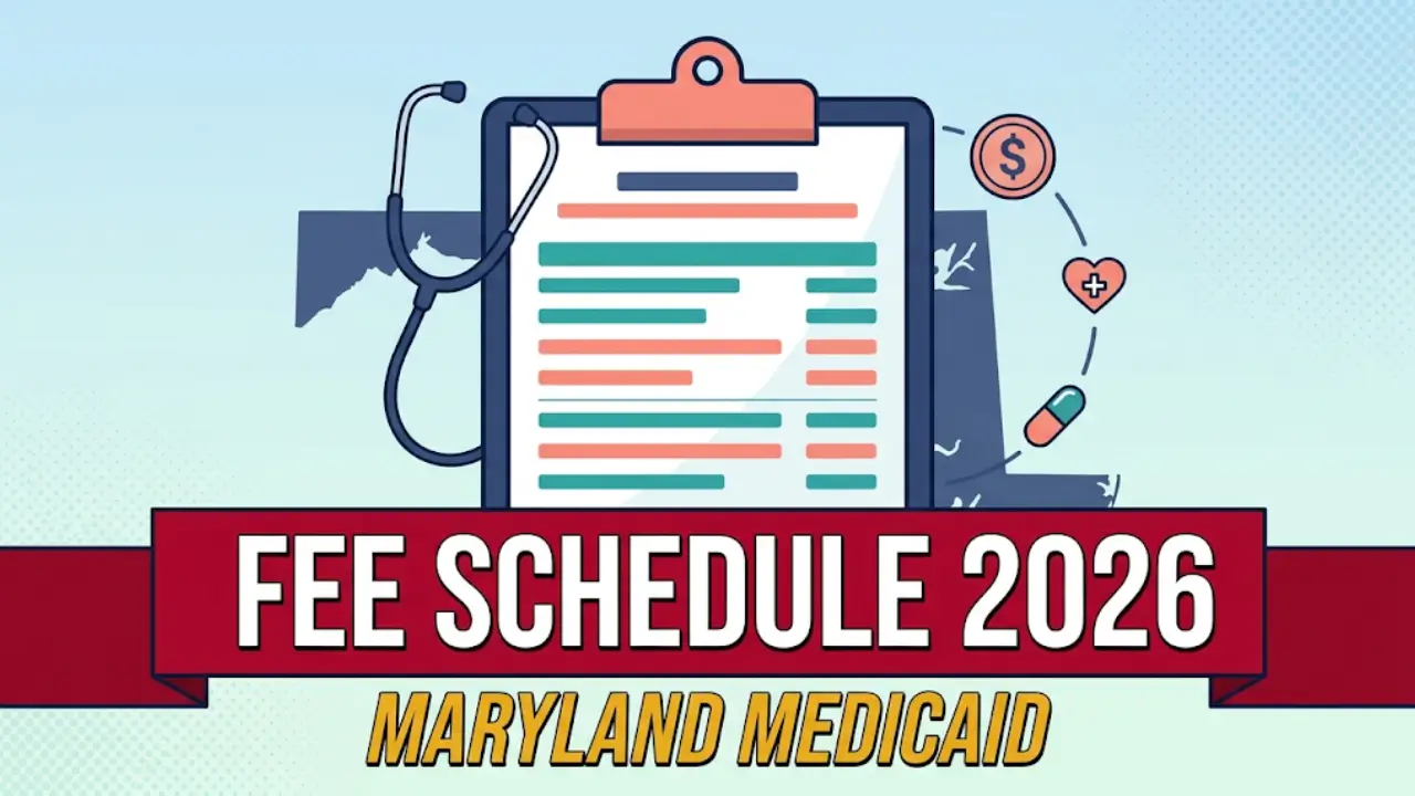 Vector graphic illustration of a medical clipboard with Maryland Medicaid fee schedule 2026 rates, featuring a Maryland state silhouette, stethoscope, and dollar sign icons in flat animated style