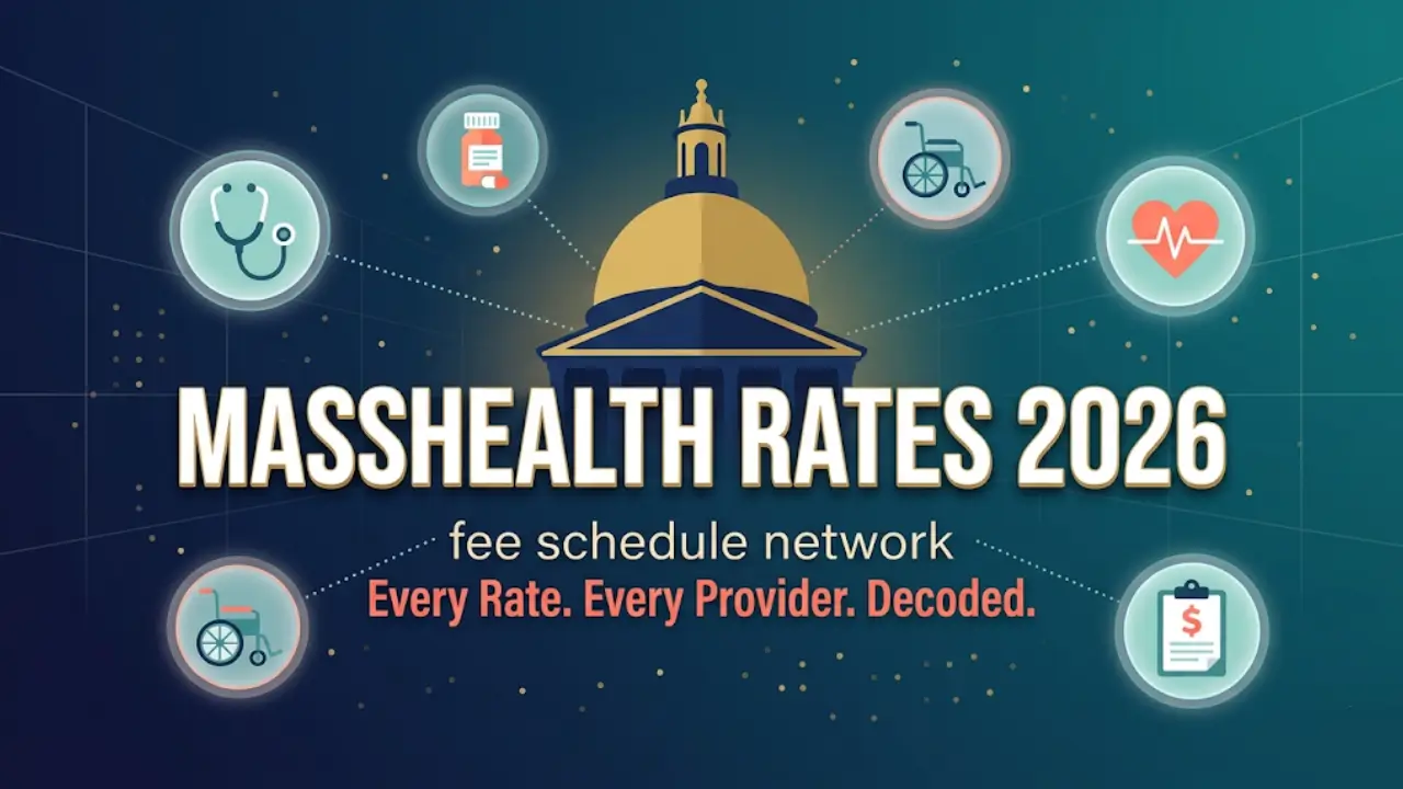 Massachusetts Medicaid fee schedule 2026 vector illustration showing MassHealth updated rates for providers including community health centers, physicians, DME, behavioral health, and nursing facilities