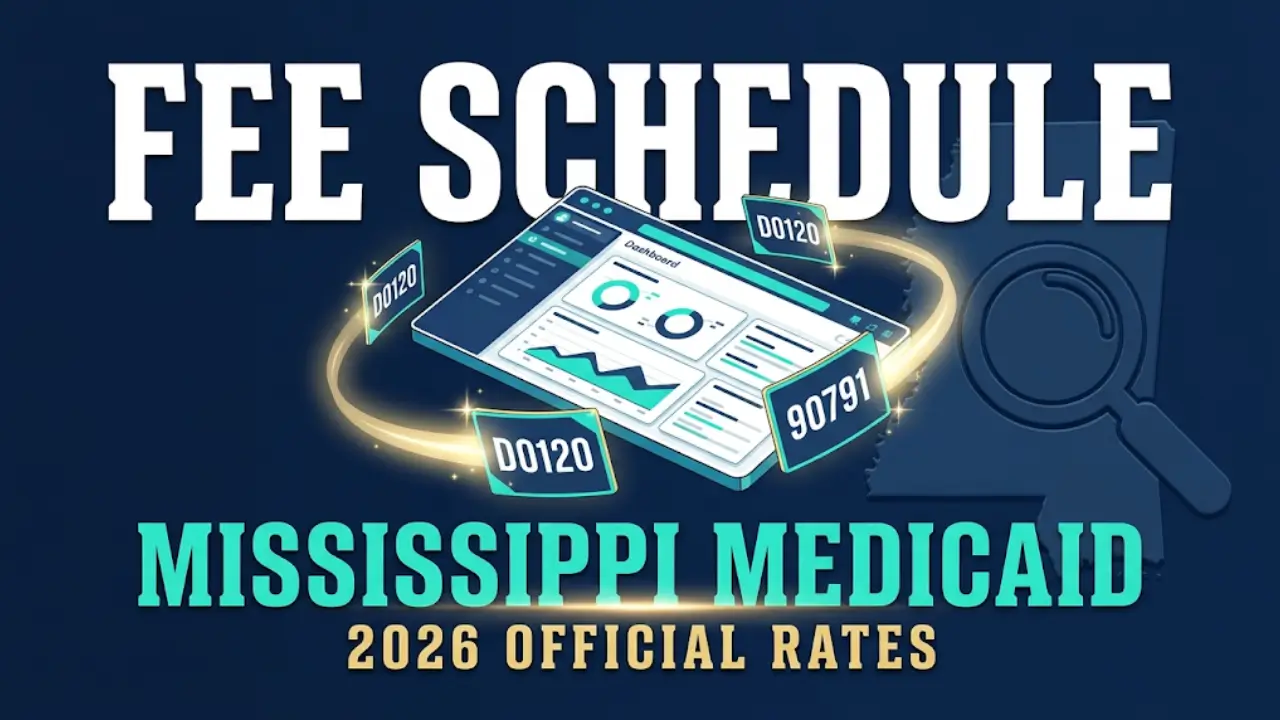 Mississippi Medicaid fee schedule 2026 — illustrated vector graphic showing medical billing codes and state map